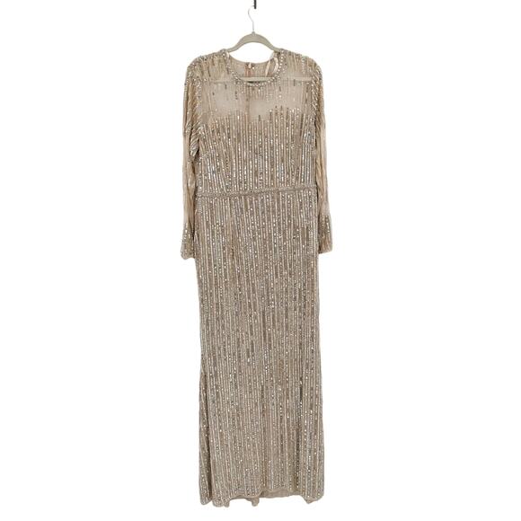 Mac Duggal Gold Sequined Illusion High Neck Long Sleeve Trumpet Gown Size 14 - Picture 3 of 9